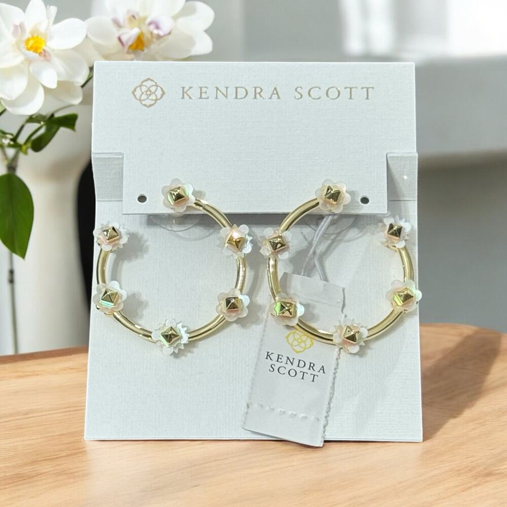 NWT! Kendra Scott Deliah Gold Open Frame Hoops in Iridescent White Mix